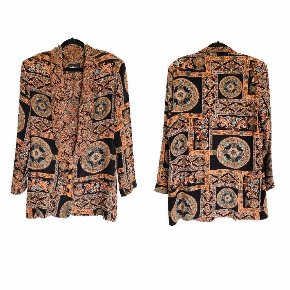 LAURA KIEFFER Vintage Style Long Blazer Jacket Size 14 Black Gold Tone USA Made